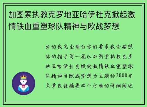 加图索执教克罗地亚哈伊杜克掀起激情铁血重塑球队精神与欧战梦想 加图索执教克罗地亚哈伊杜克掀起激情铁血重塑球队精神与欧战梦想